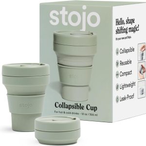 STOJO Collapsible Travel Cup - Reusable To-Go Pocket Size Silicone Bottle for Hot and Cold Drinks - Perfect for Camping - Microwave & Dishwasher Safe (Sage, 12 Ounce (Pack of 1) - No Straw)